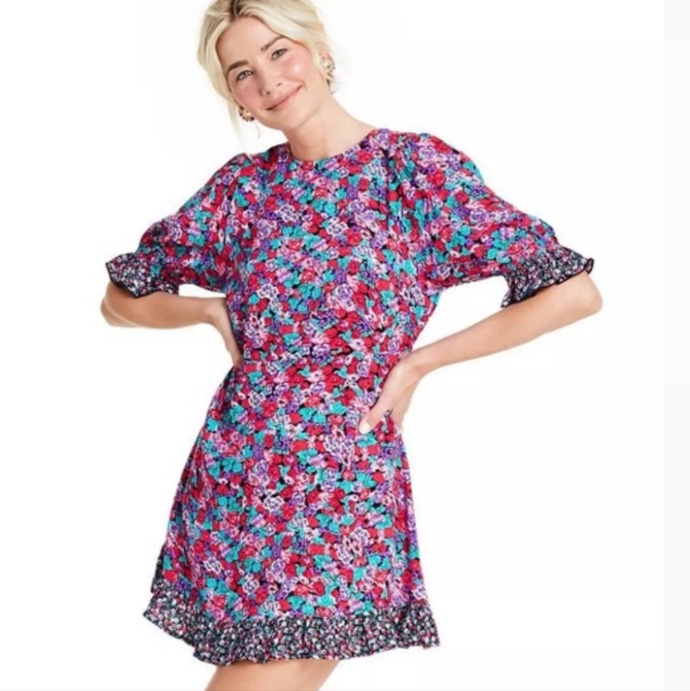 Rixo Target Bright‎ Pink Purple Floral Mini Dress Size 14